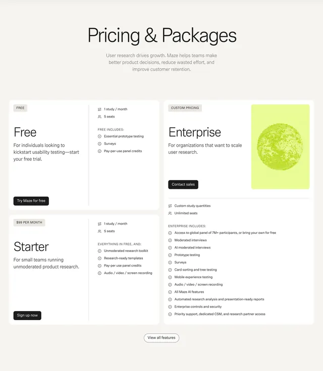 Maze three-tier pricing layout, minimal, light-mode, light