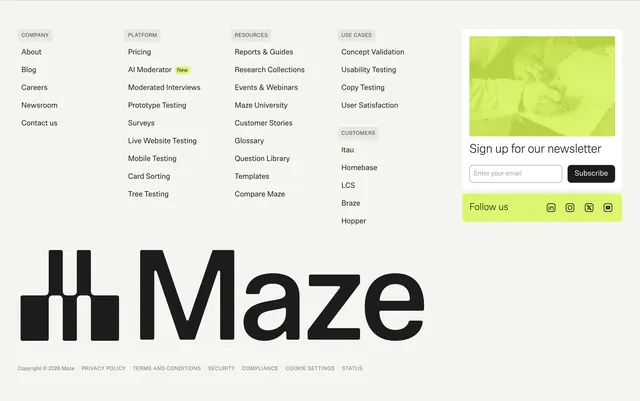 Maze mega footer with newsletter, minimal, light-mode, light