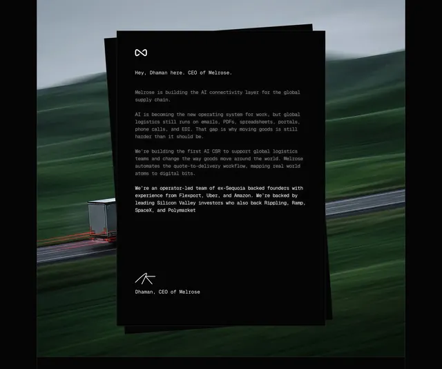 Melrose CEO founder letter card, dark-mode, editorial, dark