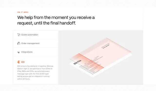 Melrose EDI how-it-works tabs, minimal, light-mode, light