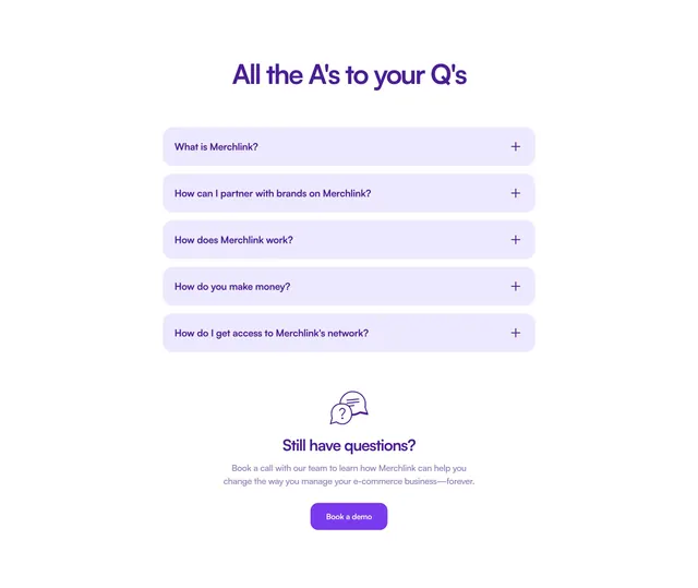 Merchlink purple FAQ accordion, minimal, light-mode, light