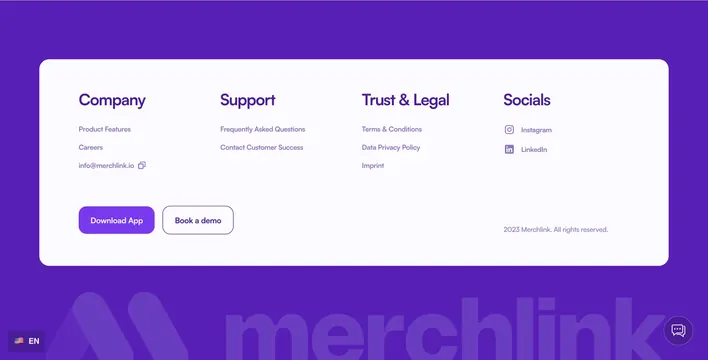 Merchlink purple card footer, minimal, light-mode, vibrant