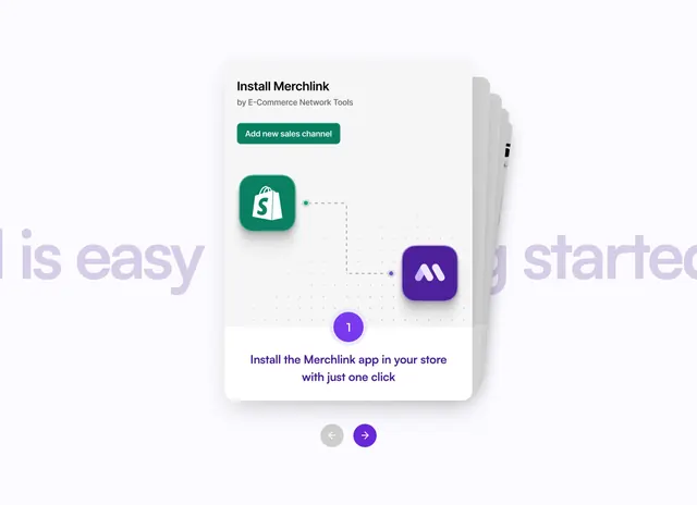 Merchlink install onboarding carousel, minimal, light-mode, light