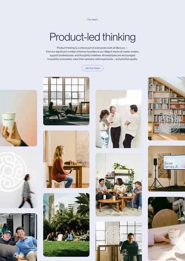 Mercury about page team culture section, minimal, light-mode, light