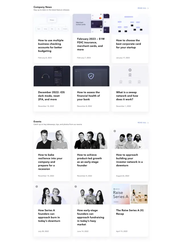 Mercury blog directory with news and events grids, minimal, light-mode, light