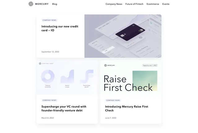 Mercury blog hero with featured post layout, minimal, light-mode, light