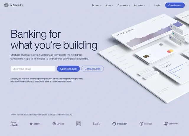 Mercury startup banking hero, minimal, light-mode, light