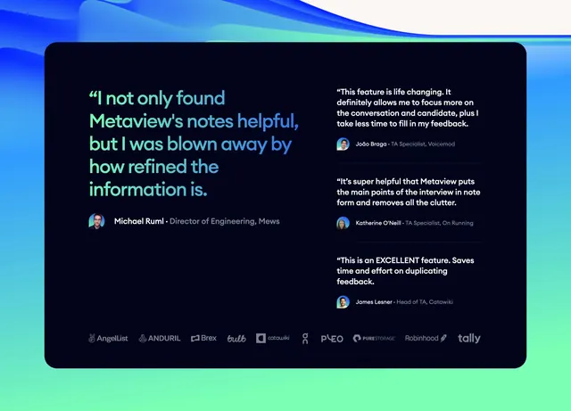 Metaview dark testimonial panel with logo bar, dark-mode, minimal, dark