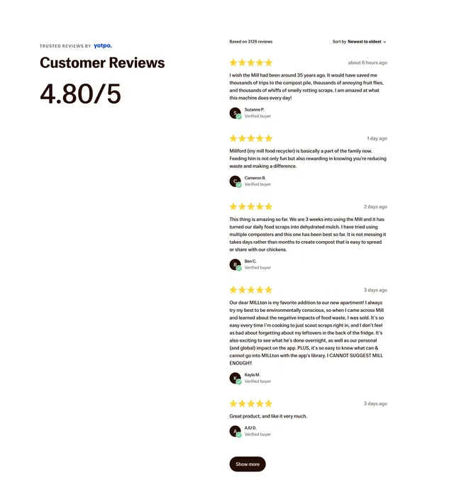 Mill Yotpo customer reviews list layout, minimal, light-mode, light