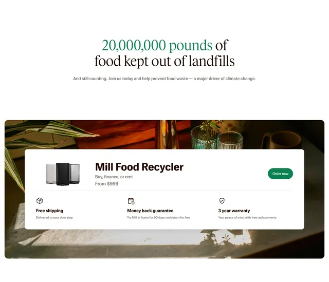Mill impact stat hero with product order card, minimal, photographic, light