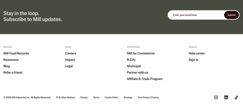 Mill newsletter footer with olive CTA band, minimal, light-mode, light