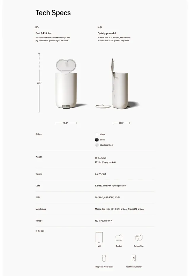 Mill tech specs product detail section, minimal, light-mode, light