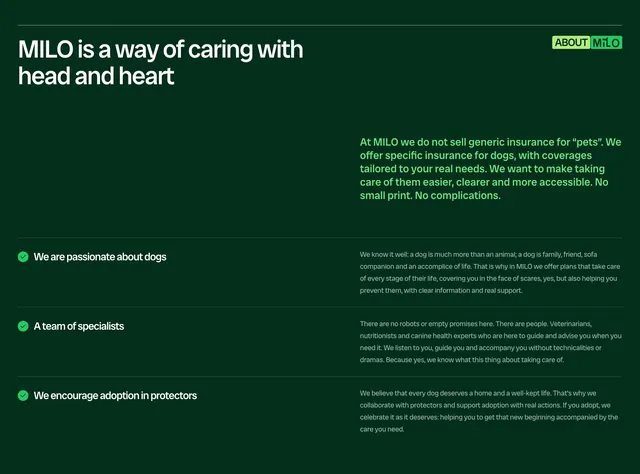 Milo about values proposition on dark green, minimal, dark-mode, dark