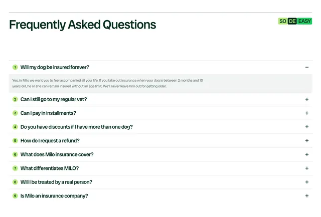 Milo numbered FAQ accordion list, minimal, light-mode, light