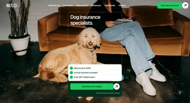 Milo dog insurance hero with centered offer card, minimal, photographic, light