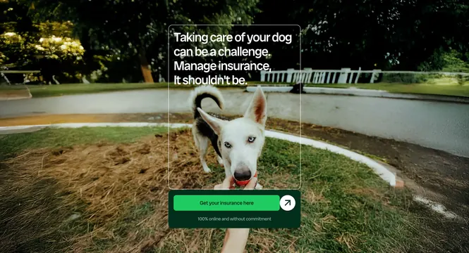 Milo glass card CTA over park dog photo, minimal, glassmorphism, light