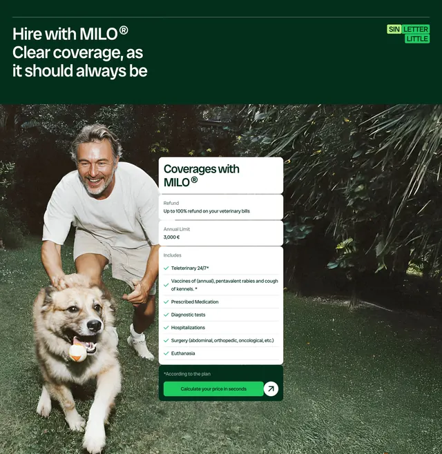 Milo coverage summary card on garden photo, minimal, photographic, dark