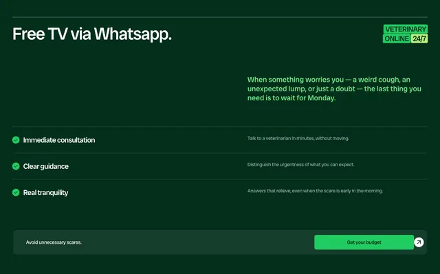 Milo 24/7 televet feature list on dark green, minimal, dark-mode, dark