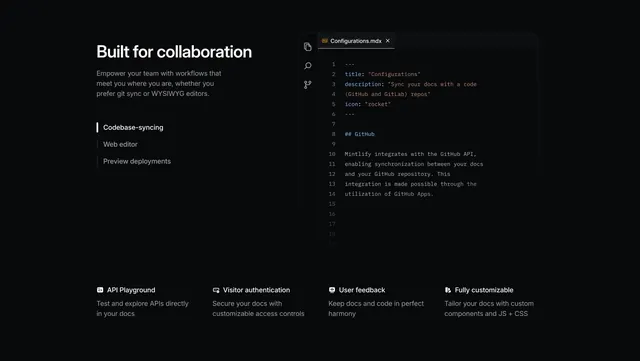 Mintlify collaboration feature with code editor mockup and 4-col row, dark-mode, minimal, dark