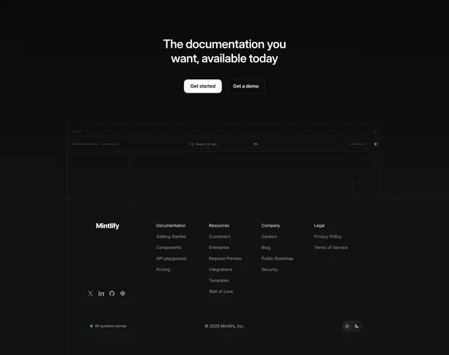 Mintlify Footer Section, dark-mode, minimal, dark