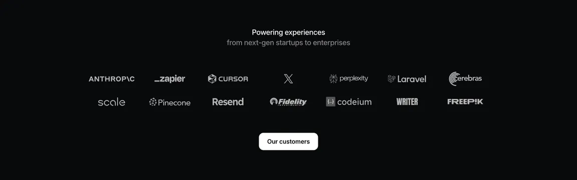 Mintlify two-row customer logo wall on black, dark-mode, minimal, dark
