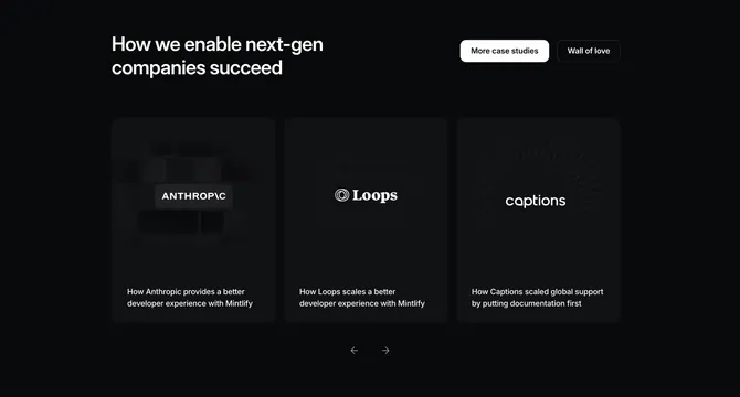 Mintlify dark case-study carousel with branded cover cards, dark-mode, minimal, dark