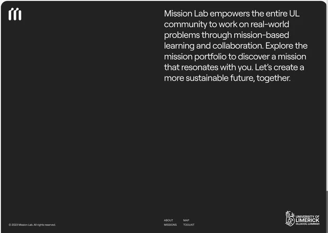 Mission Lab minimal dark footer with mission copy, minimal, dark-mode, dark