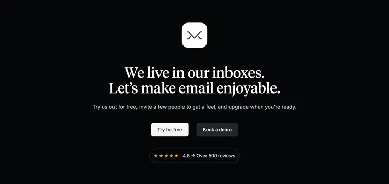 Missive minimal dark CTA with serif headline and rating pill, dark-mode, minimal, dark
