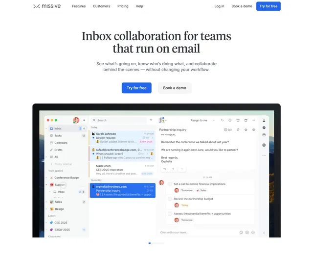 Missive centered light hero with serif headline and app screenshot, light-mode, minimal, light