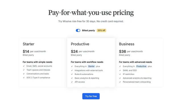 Missive light three-tier pricing with serif headline and yearly toggle, light-mode, minimal, light