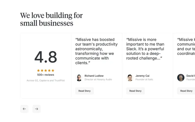 Missive Testimonials Section, light-mode, minimal, light