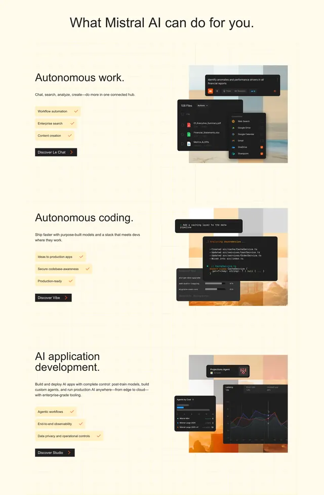 Mistral product capability rows with UI mockups, minimal, light-mode, light