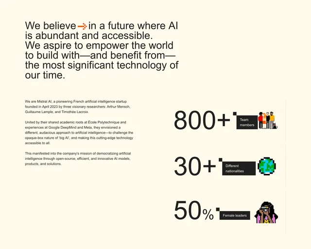 Mistral about narrative with pixel metric icons, minimal, editorial, light