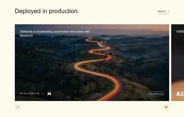 Mistral deployed-in-production case study carousel, minimal, photographic, light