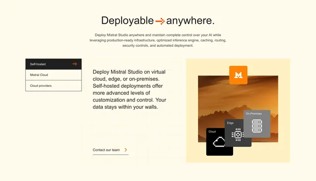 Mistral deployable-anywhere tabbed deployment section, minimal, light-mode, light