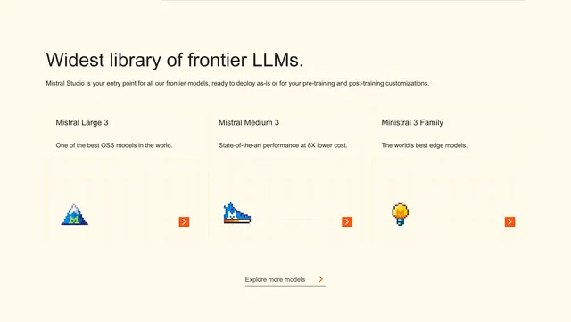 Mistral frontier LLM model card trio, minimal, light-mode, light