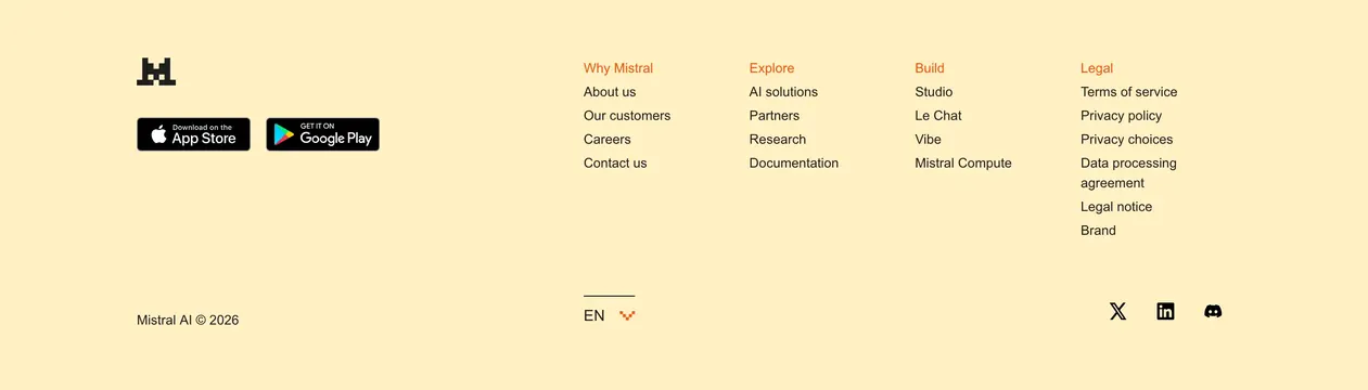 Mistral cream footer with app store badges, minimal, light-mode, light