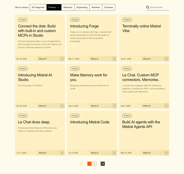 Mistral blog product updates filterable grid, minimal, light-mode, light