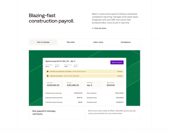 Miter tabbed payroll feature with product mockup, light-mode, minimal, light