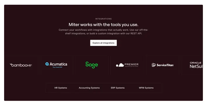 Miter dark integrations row with category labels, dark-mode, minimal, dark