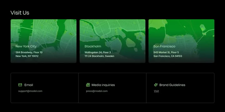 Modal about page contact info, dark-mode, minimal, dark
