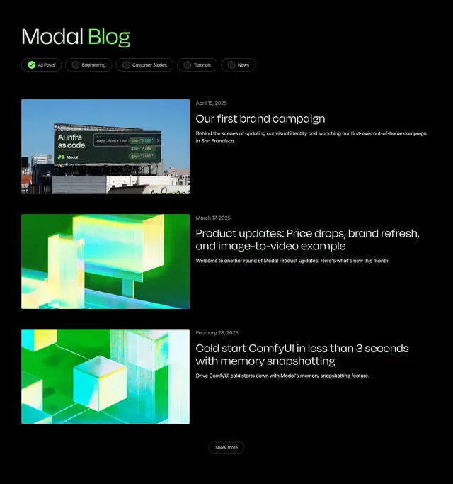 Modal blog page index, dark-mode, minimal, dark