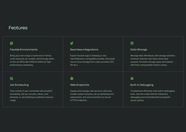 Modal home page features, dark-mode, minimal, dark