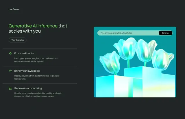 Modal home page generative AI inference, dark-mode, minimal, dark