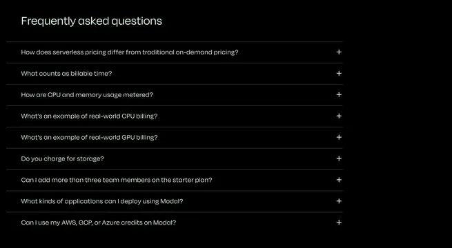 Modal pricing page FAQs, dark-mode, minimal, dark