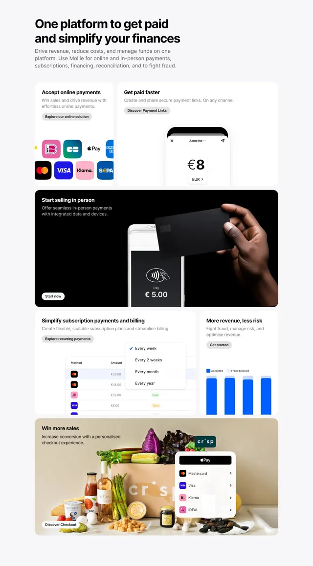 Mollie home page features, light-mode, minimal, light