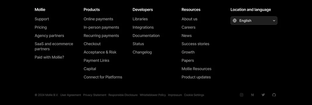 Mollie home page footer, dark-mode, minimal, dark