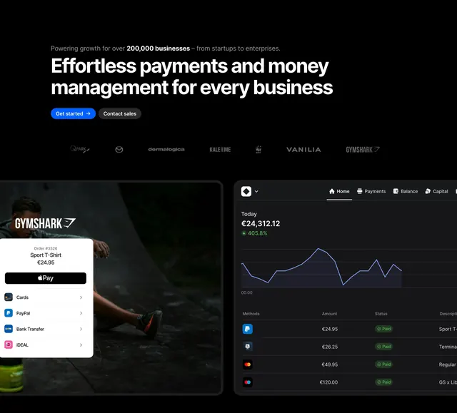 Mollie home page hero, dark-mode, minimal, dark