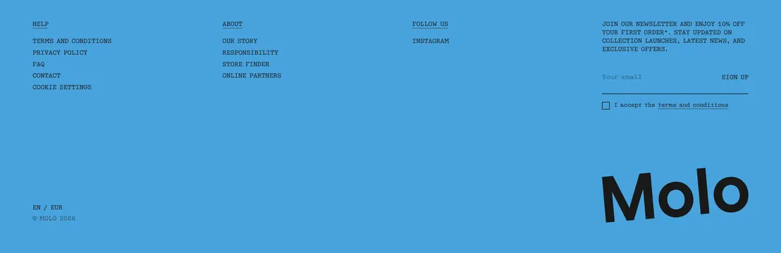 Molo company info footer, minimal, neo-brutalist, cool