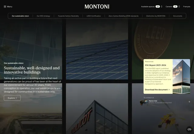Montoni sustainability initiatives grid, dark-mode, editorial, dark